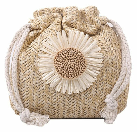 Women's Small Summer Straw Flower Vacation Bucket String Bags