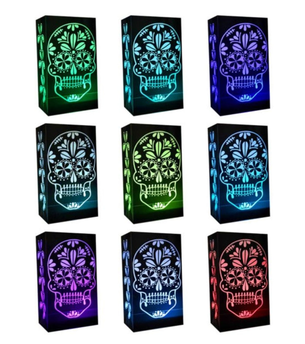 Battery Operated LED Luminaria Kit, Color Changing Sugar Skull - Set of 6