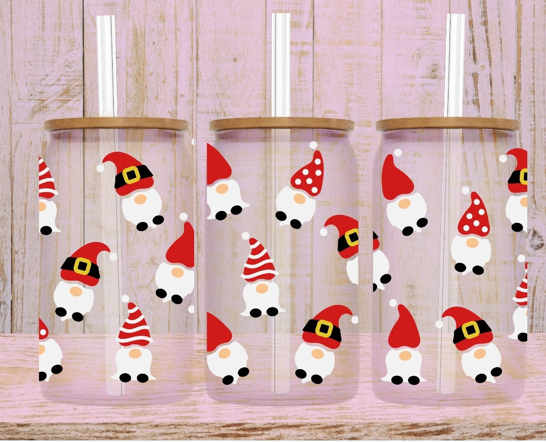 Gnomes Christmas Glass Can Cup w/Bamboo Lid & Glass Straw