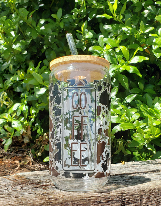 COFFEE Cow Pattern Glass Cup w/Bamboo Lid and Straw - 16oz