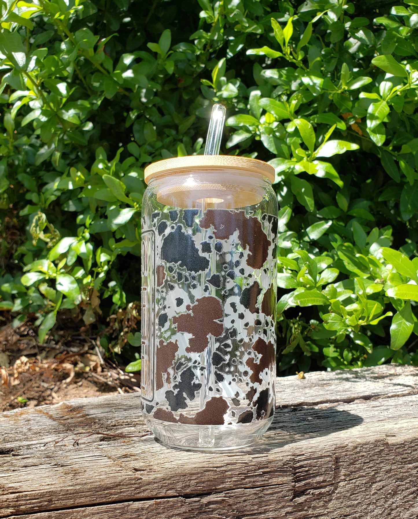 COFFEE Cow Pattern Glass Cup w/Bamboo Lid and Straw - 16oz