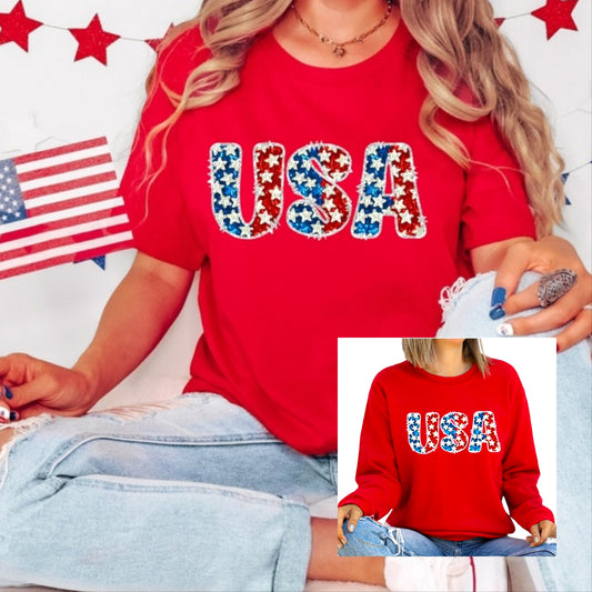 USA Sequin Red Unisex Tshirt or Crewneck Sweatshirt