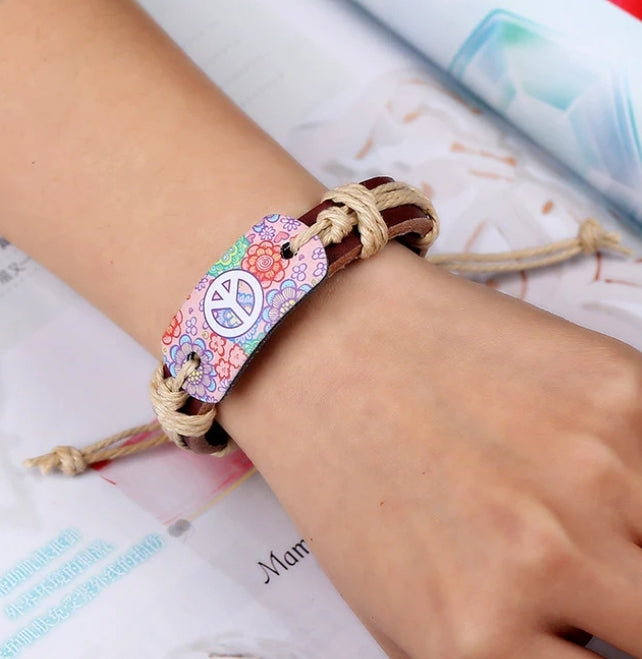 Boho Peace Sign Leather Bracelet
