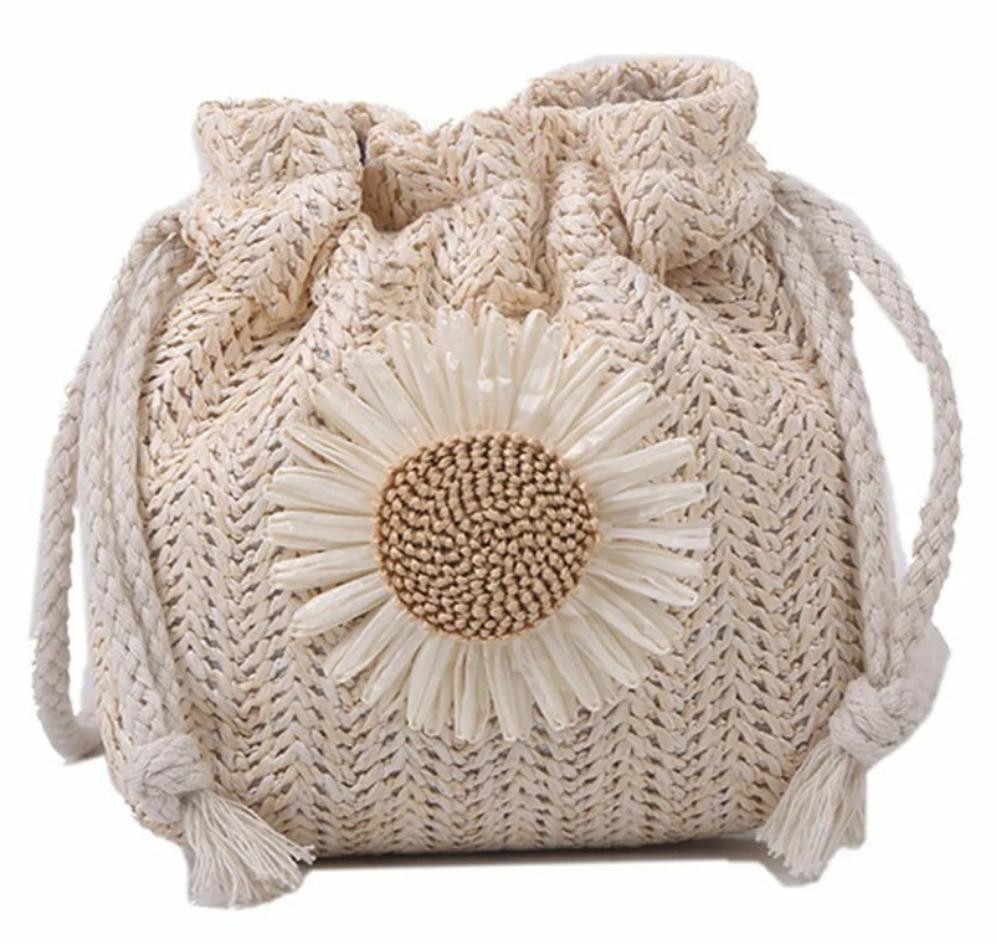 Women's Small Summer Straw Flower Vacation Bucket String Bags