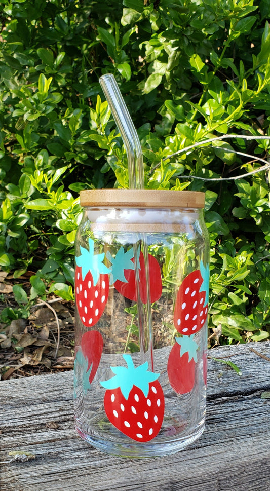 Strawberry Can Glass Cup w/Bamboo Lid & Straw
