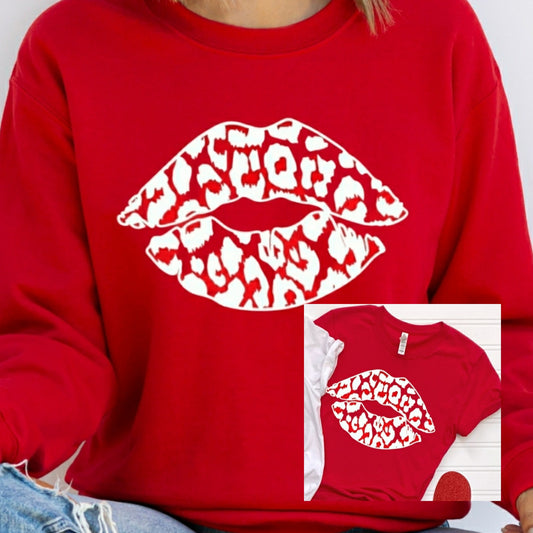 White Leopard Lip on Red Crewneck Sweatshirt or Tshirt