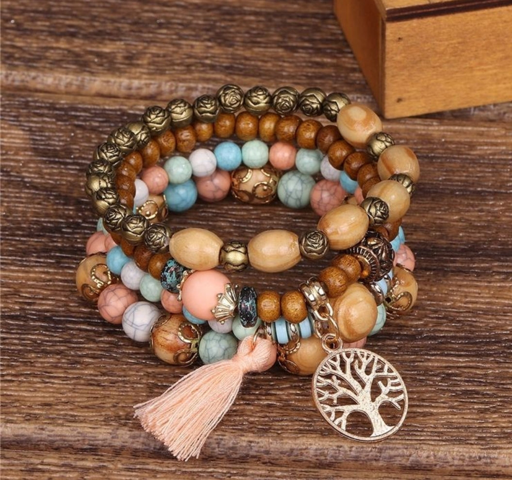 Boho Multilayer Wood Beaded Bracelet