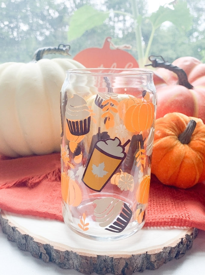 Fall Coffee Glass Cup w/bamboo lid and straw