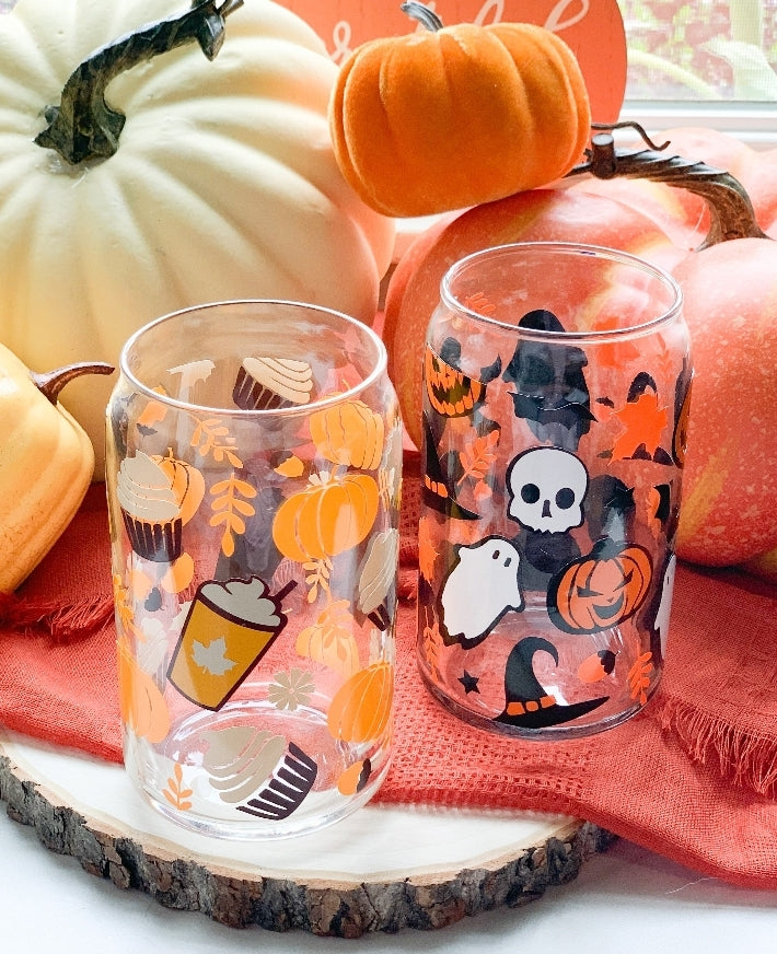 Fall Coffee Glass Cup w/bamboo lid and straw