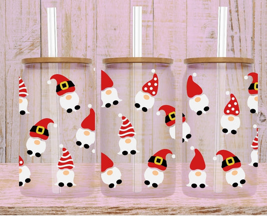 Gnomes Christmas Glass Can Cup w/Bamboo Lid & Glass Straw